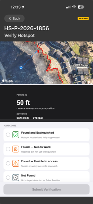 FireSync HotSpot Finder verify screen